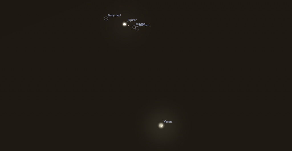 Venus und Jupiter in nur 22 Bogenminuten Abstand am 30. Juni.